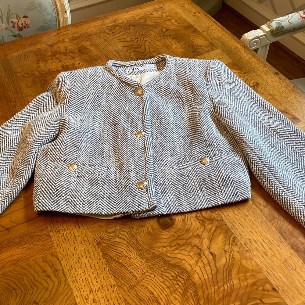 Zara Blue/gray and Cream Herringbone Blazer size Medium